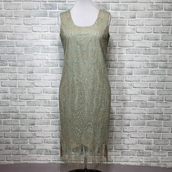 Vintage 80s does 20s Damianou Womens M‎ Green Metallic Fringe Gown Dress - Picture 1 of 8